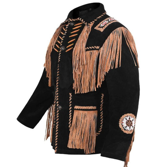 MNEX PRO FIGHTING LIMITED MENS COWBOY WESTERN SUEDE LEATHER JACKET WITH BONES BEADS FRINGES- BIKERS STYLE MENS CLASSIC FASHION. MNEX PRO FIGHTING LIMITED 